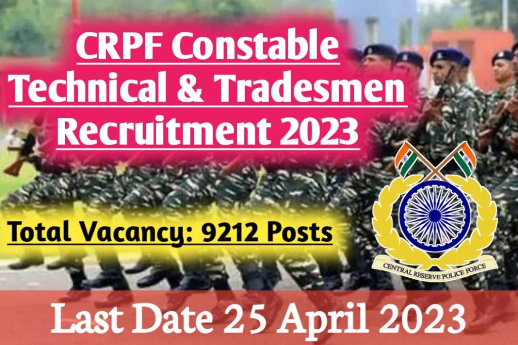 CRPF Constable Recruitment 2023 the post of Technical & Tradesmen for 9212 Posts Male & Female, Direct link available