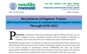 PGCIL Recruitment 2023 Apply For Engineer Trainee Civil and other posts.Through GATE-2023
