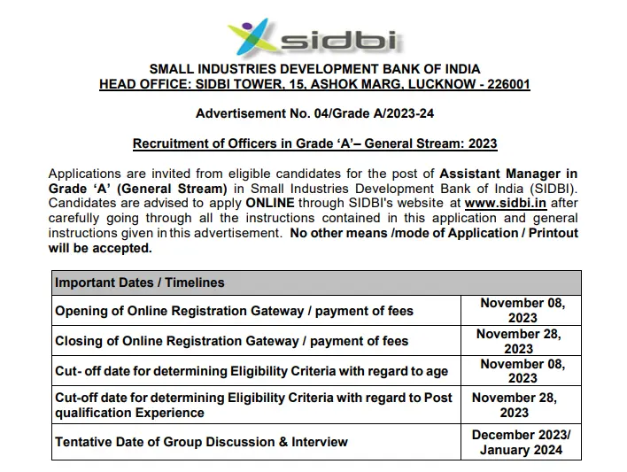 SIDBI Bank Recruitment 2023 Apply For Assistant Manager Various Posts